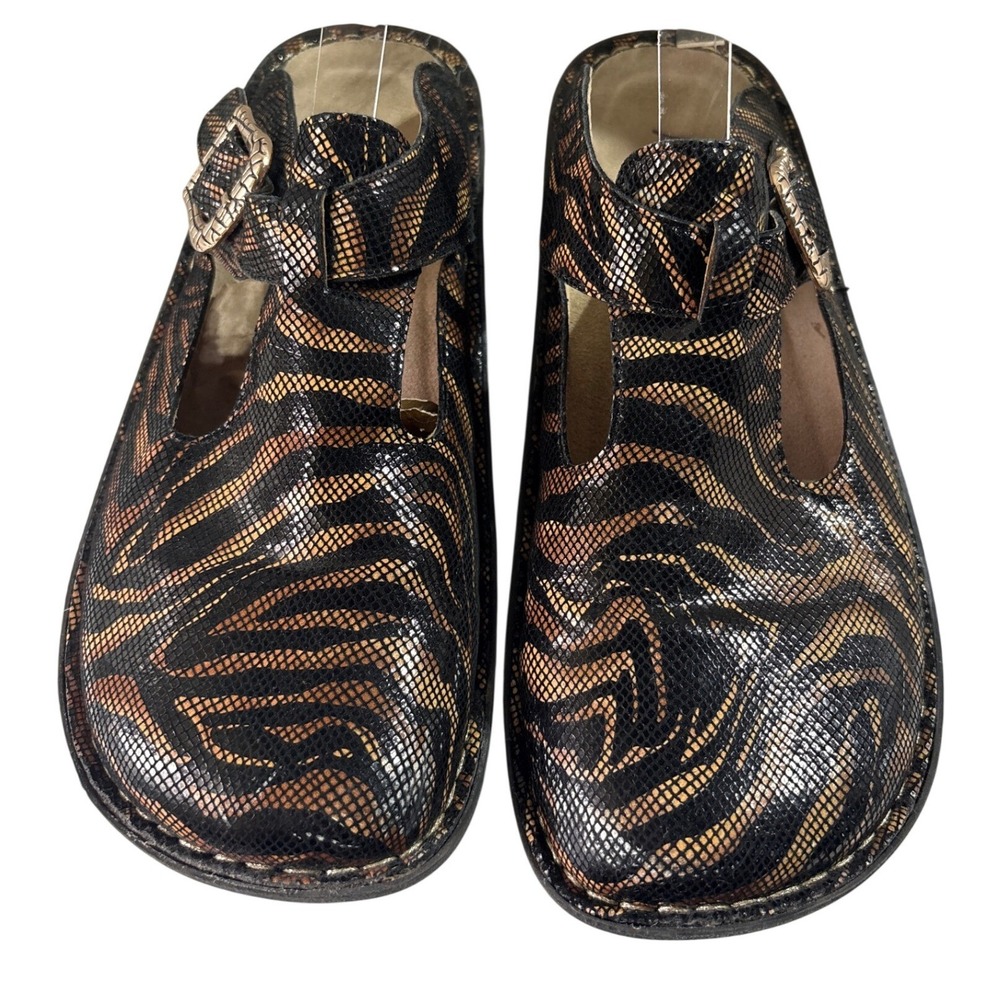 Alegria Dayna Tiger Print Metallic Leather Clogs Mary Jane Buckle Shoes 39